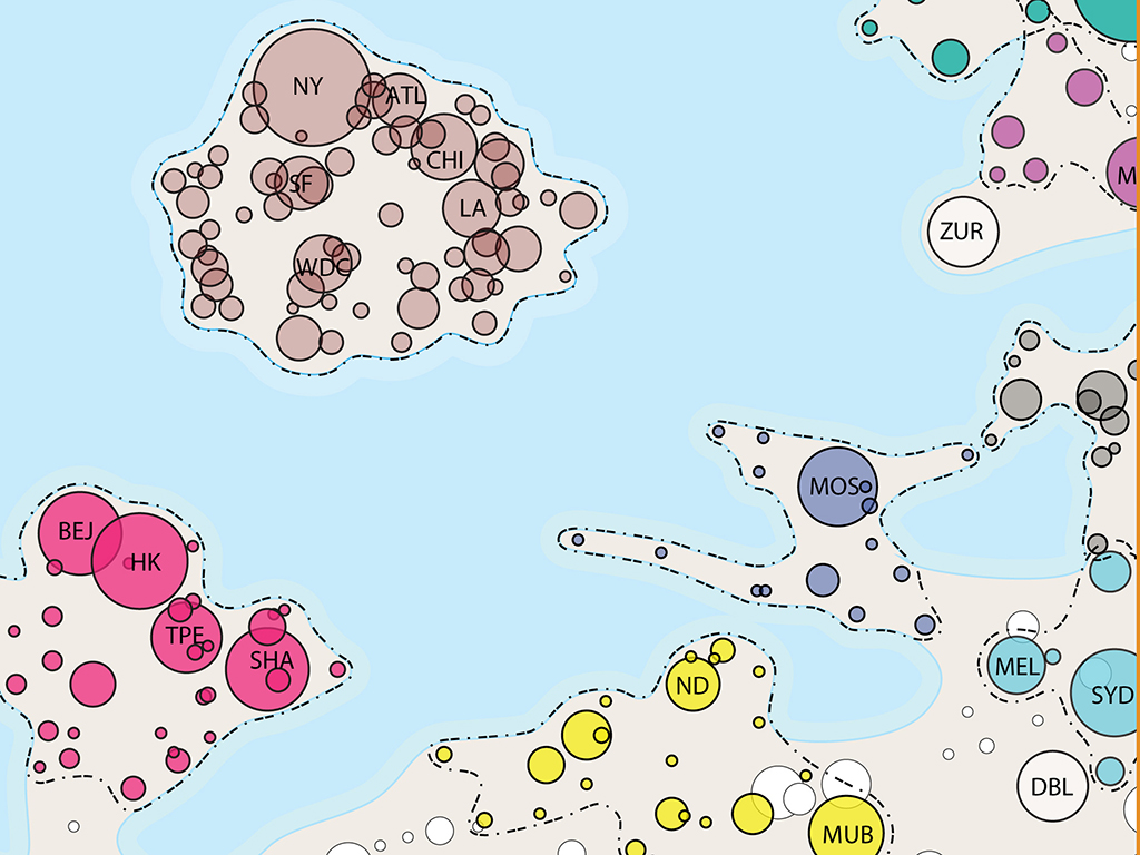 Extract from a world map derived from the office networks of 175 advanced producer service firms showing city connectivity constrained by country identification