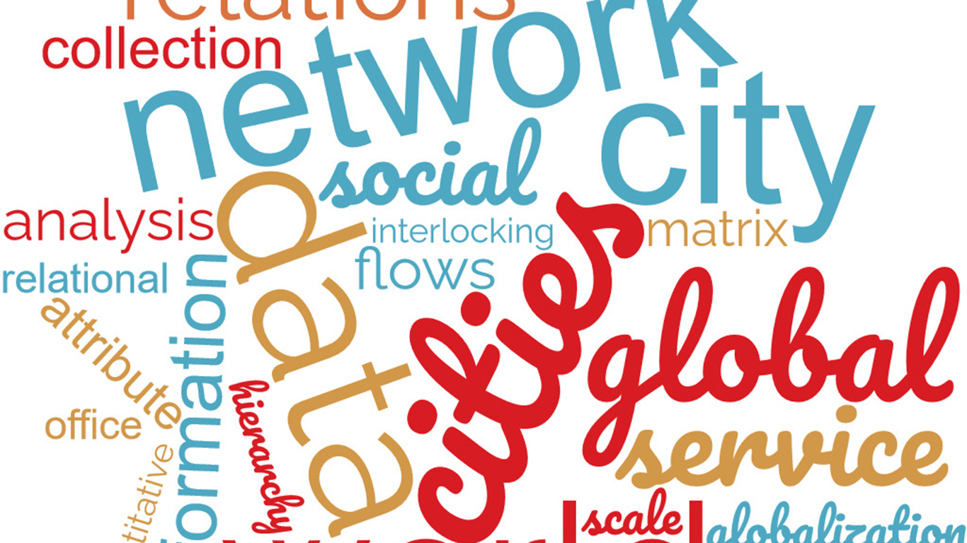 Image with GaWC keywords displayed in a wordcloud, including cities, data, network, global, service, globalization, city, interlocking, matrix, flows, office,relational, attribute, analysis, collection, scale, hierarchy