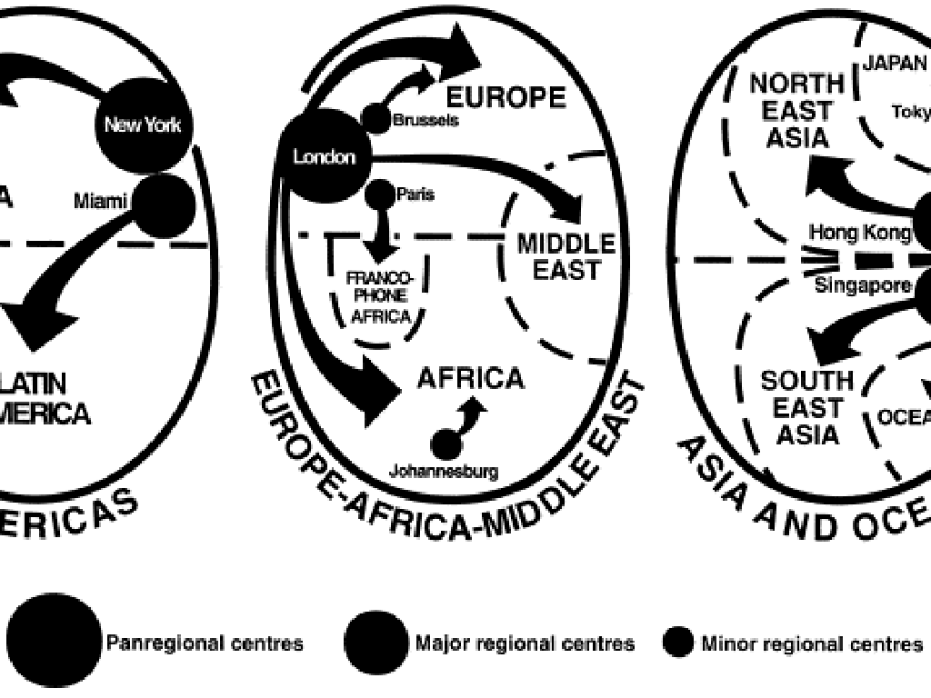 Schematic map showing regional world cities and their spheres of influence