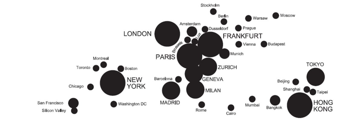 Extract from world cities map based on advertisements in The Economist