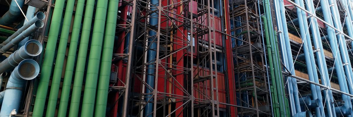 Exterior of Centre Pompidou, Paris, exposing colour-coded functional elements