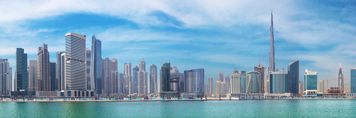 Dubai, UAE, March 29, 2017: Panorama with new Canal and skyscrapers of Downtown