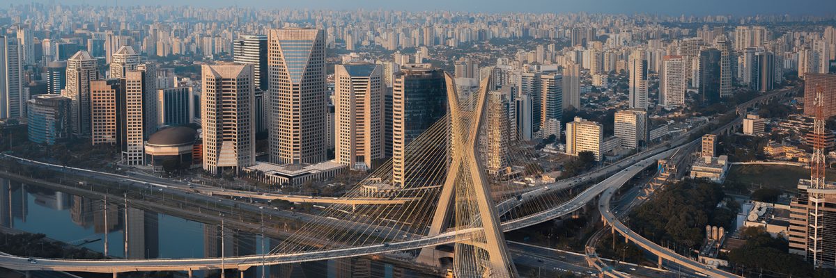 Aerial view of Octavio Frias de Oliveira Bridge (Ponte Estaiada) over Pinheiros River - Sao Paulo, Brazil