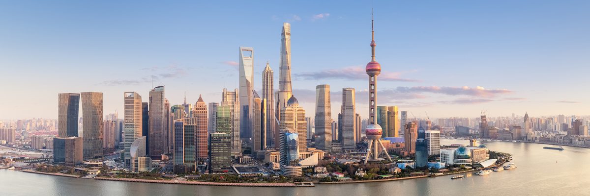 Shanghai skyline panorama in sunset, Pudong financial centre with Huangpu River, China