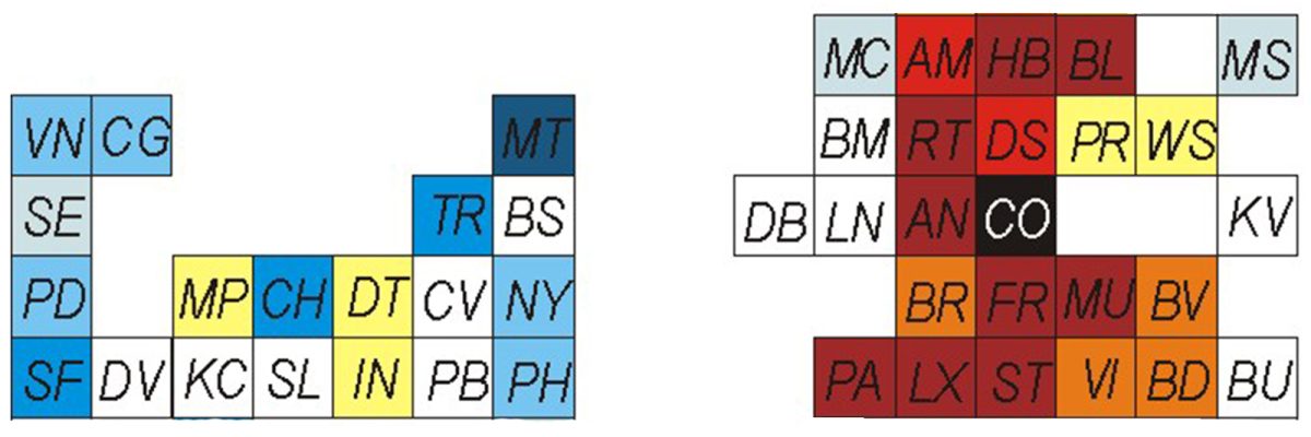 Extract from a hinterworld cartogram, showing part of the global hinterworld of Cologne as colour-coded squares with city name abbreviations