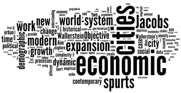 Wordcloud showing key words of the project 'Cities in Economic Expansion and Current Crisis of the Modern World-System', including: cities, economic, spurts, Jacobs, Wallerstein, work, modern, demographic, world-system, expansion, city, growth, dynamic