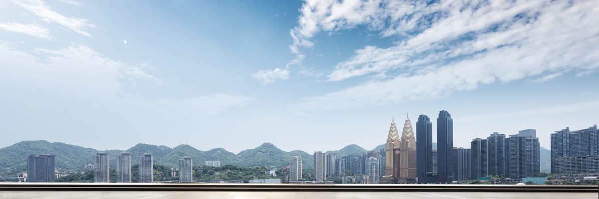 emtpy marble floor with cityscape of chongqing in blue sky